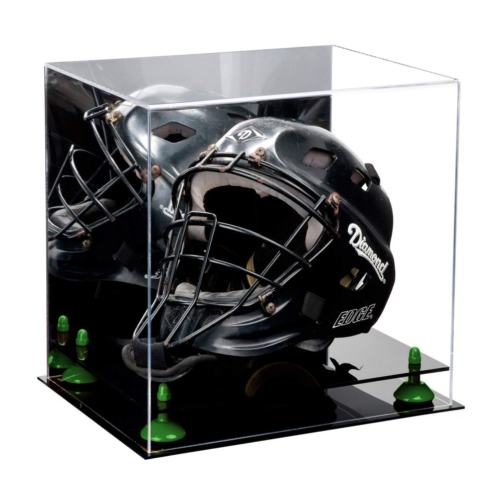 Better Display Cases Acrylic Catchers Helmet Display Case with Mirror, Green Risers and Black Base (A002-GRR)