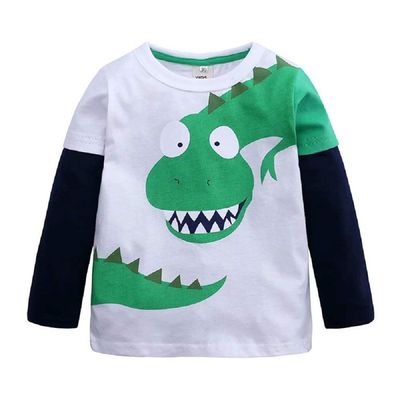 Hooyi Little Boys Dinosaur T-Shirt Paneled Long Sleeves Cotton Crewneck Top Tee Cartoon Dino Bottoming Shirt White