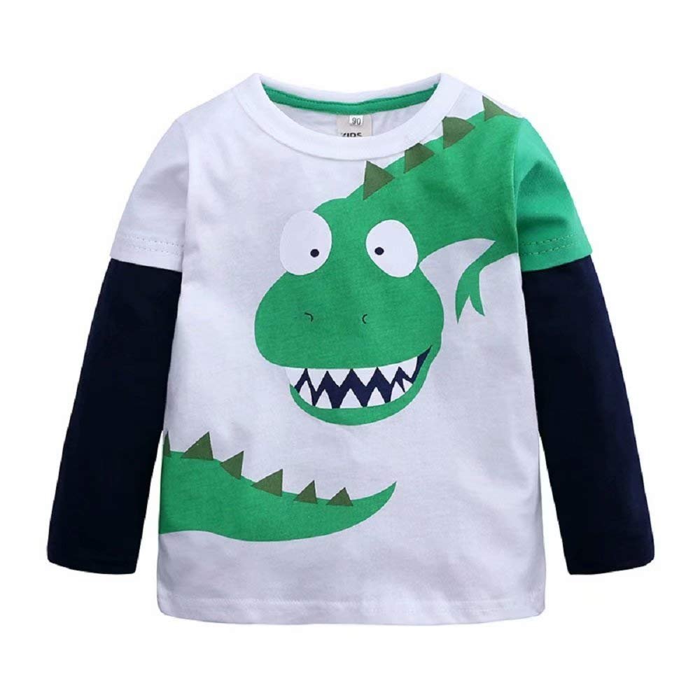 Hooyi Little Boys Dinosaur T-Shirt Paneled Long Sleeves Cotton Crewneck Top Tee Cartoon Dino Bottoming Shirt White