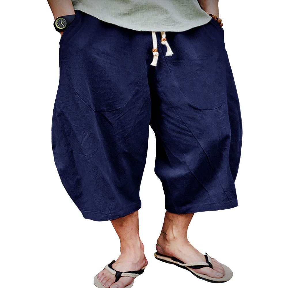 EKLENTSON Mens Summer Pants Yoga Pants Men Baggy Pants for Men Harem Capri Pants Cotton Beach Pants for Men, Navy Blue, 32