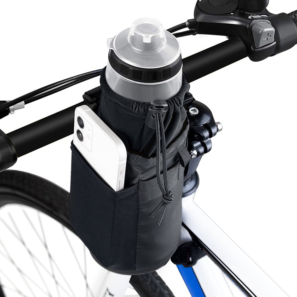 WOTOW Bike Water Bottle Holder- Insulated Bicycle Cup Holder with Shoulder Strap, Bike Drink Holder with Phone Storage for Adult Kids, Handlebar Cycling Water Bottle Cage for Mountain Touring
