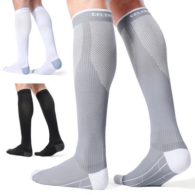 CS CELERSPORT 3 Pairs Compression Socks for Men and Women Running Support Socks Gifts for Men, Black + White + Grey, Large/X-Large