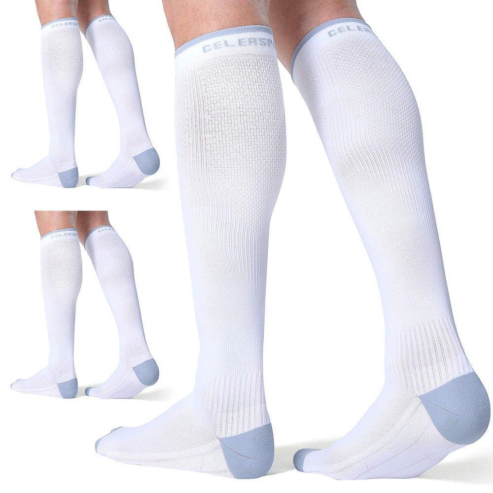 CS CELERSPORT 3 Pairs Compression Socks for Men and Women Running Support Socks, White (3 Pack), Small/Medium