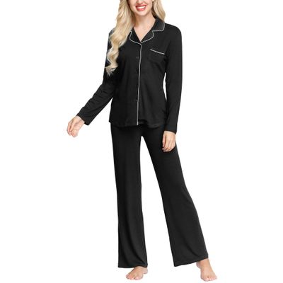 INK+IVY unisex adult Rayon Top & Pajama Set, Breathable Sleepwear Button Up Long Sleeve Shirt with Notch Collar Cute Trouser PJ Sets Nightware Casual Soft Breathabl, Black, X-Small US