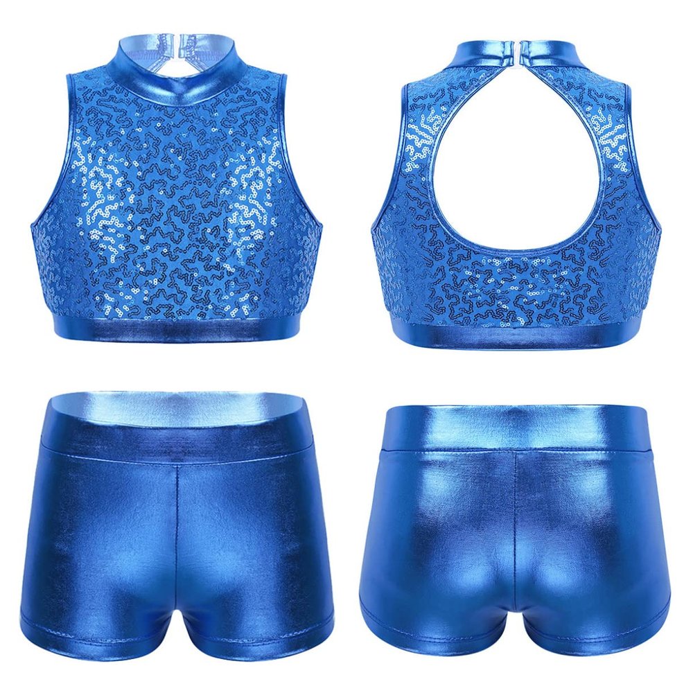 JEATHA Kids Girls Shiny Sequins Mock Neck Crop Top with Booty Shorts Set Gymnastics Dancewear Blue 10