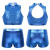 JEATHA Kids Girls Shiny Sequins Mock Neck Crop Top with Booty Shorts Set Gymnastics Dancewear Blue 10 view 1