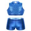JEATHA Kids Girls Shiny Sequins Mock Neck Crop Top with Booty Shorts Set Gymnastics Dancewear Blue 10 view 2