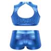 JEATHA Kids Girls Shiny Sequins Mock Neck Crop Top with Booty Shorts Set Gymnastics Dancewear Blue 10 view 3