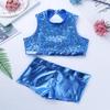 JEATHA Kids Girls Shiny Sequins Mock Neck Crop Top with Booty Shorts Set Gymnastics Dancewear Blue 10 view 4