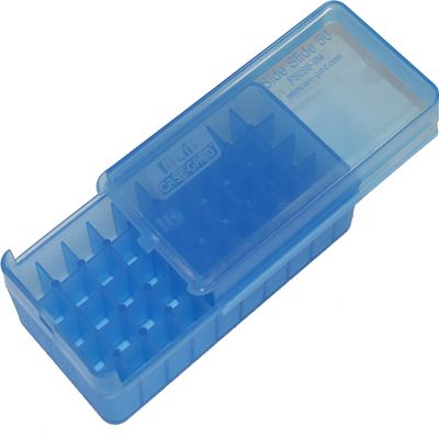 MTM Case-Gard P50SS-9M-24 Side Slide Ammo Box, 50 Round 9mm Luger 380 ACP 30 Luger 30 S Carry 32 S&W 9mm Makarov, USA Made, Clear Blue