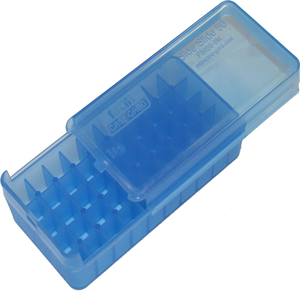 MTM Case-Gard P50SS-9M-24 Side Slide Ammo Box, 50 Round 9mm Luger 380 ACP 30 Luger 30 S Carry 32 S&W 9mm Makarov, USA Made, Clear Blue