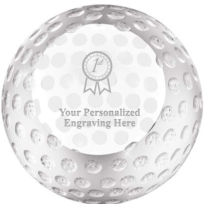 Golf Awards, 3 1/4" First Place Crystal Golf Ball Paperweight Award, Custom Engraving Prime