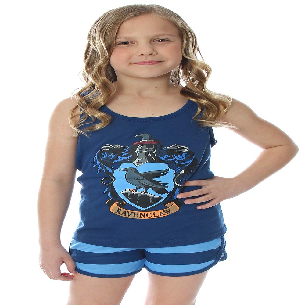Harry Potter Big Girls' Hogwarts House Crest Racerback Tank and Shorts Pajama Lounge Set (Ravenclaw, 6/6X)