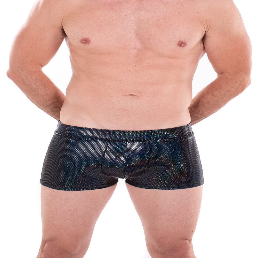 Revolver Fashion / Funstigators Festival Clothing: Men's Holographic Brief Booty Shorts With Front Pouch - Made in USA (X-Large, Holographic Black)