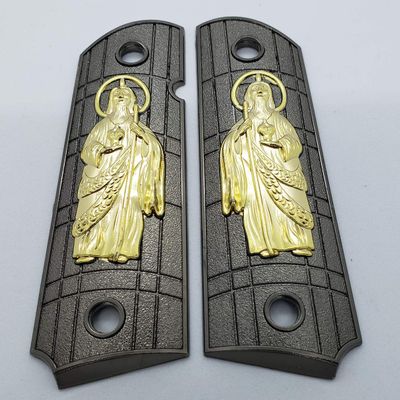 New 1911 SAN Judas ST. Jude Full Size Grips Government Ambi Cut Black/Gold Plated
