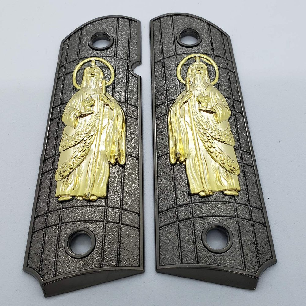 New 1911 SAN Judas ST. Jude Full Size Grips Government Ambi Cut Black/Gold Plated