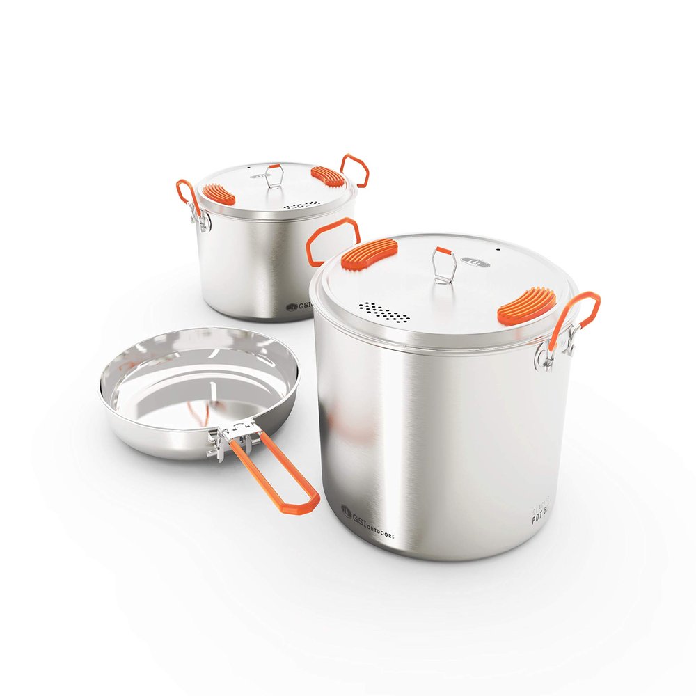 GSI Outdoors Glacier Stainless Steel Base Camper - Large - 3 Pieces Cookset - Compact, & Durable Pot Pan for Camping