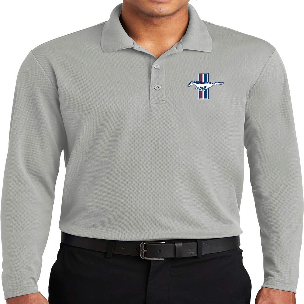 Ford Legend Lives Crest Pocket Print Long Sleeve Polo, Silver 3XL