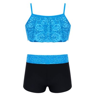 Agoky Kids Girls' Top and Booty Shorts Ballet Dance Gymnastics Sports Leotard or Swimwear Swimming Costumes Sky_Blue 2PCS 3-4