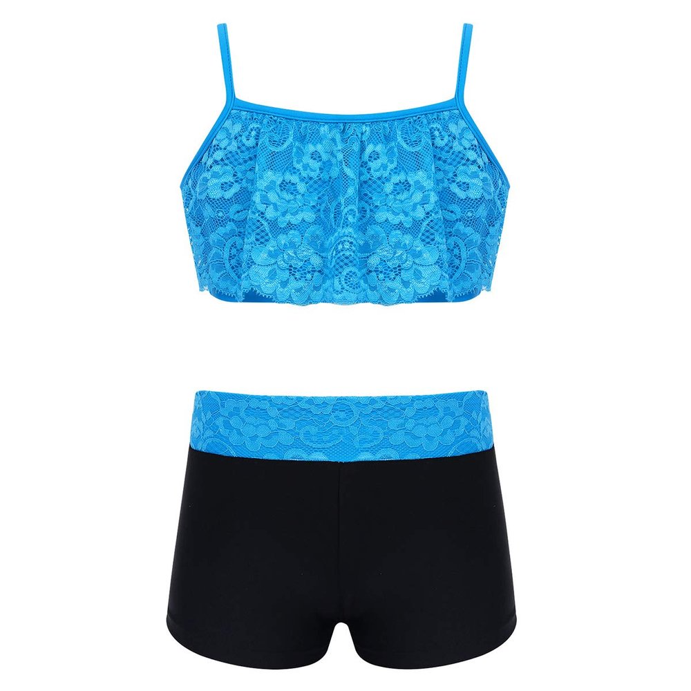 Agoky Kids Girls' Top and Booty Shorts Ballet Dance Gymnastics Sports Leotard or Swimwear Swimming Costumes Sky_Blue 2PCS 3-4