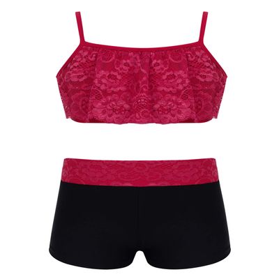 Agoky Kids Girls' Top and Booty Shorts Ballet Dance Gymnastics Sports Leotard or Swimwear Swimming Costumes Burgundy 2PCS 3-4