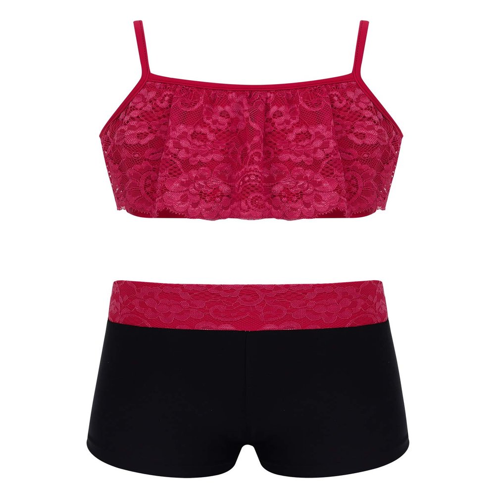 Agoky Kids Girls' Top and Booty Shorts Ballet Dance Gymnastics Sports Leotard or Swimwear Swimming Costumes Burgundy 2PCS 3-4