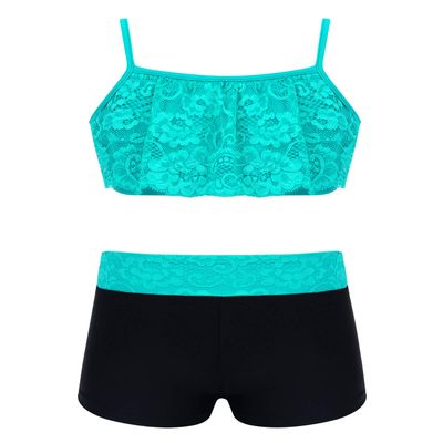 Agoky Kids Girls' Top and Booty Shorts Ballet Dance Gymnastics Sports Leotard or Swimwear Swimming Costumes Turquoise 2PCS 3-4