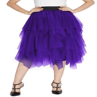 Women's Elegant Mesh Layered Tulle Skirt Sheer Tutu Midi Skirt (Deep Purple, L)