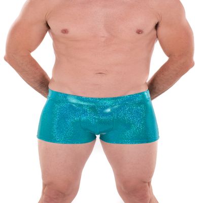 Revolver Fashion / Funstigators Festival Clothing: Men's Holographic Brief Booty Shorts With Front Pouch - Made in USA (Large, Holographic Teal)