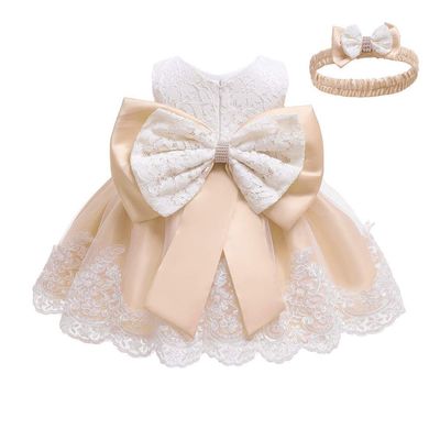 Cute Newborn Baby Girl Formal Prom Summer Wedding Dress A-line Sleeveless Knee Length Tutu Gown Ruffle Princess Bow Pageant Christeing Baptism Birthday Party Dress with Heandwear #01Champagne 9-12 M