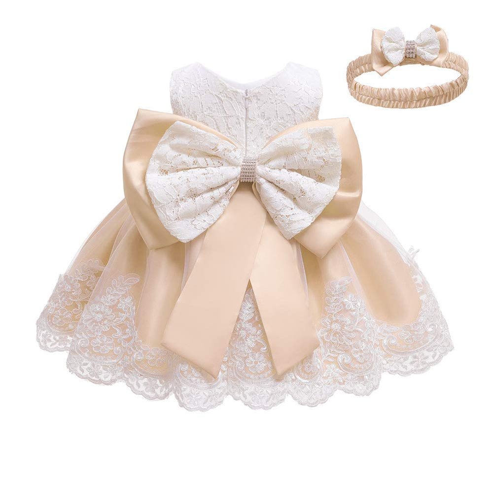Cute Newborn Baby Girl Formal Prom Summer Wedding Dress A-line Sleeveless Knee Length Tutu Gown Ruffle Princess Bow Pageant Christeing Baptism Birthday Party Dress with Heandwear #01Champagne 9-12 M