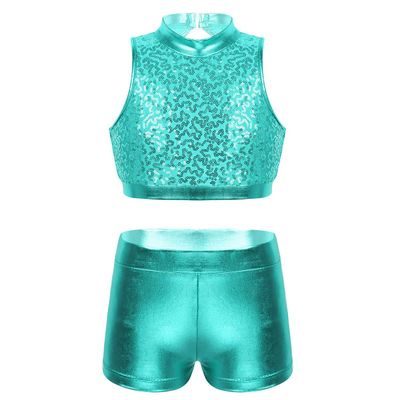 Agoky Kids Girls' Top and Booty Shorts Ballet Dance Gymnastics Sports Leotard or Swimwear Swimming Costumes Lake_Green Crop Top 11-12