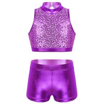 Agoky Kids Girls' Top and Booty Shorts Ballet Dance Gymnastics Sports Leotard or Swimwear Swimming Costumes Purple Crop Top 11-12