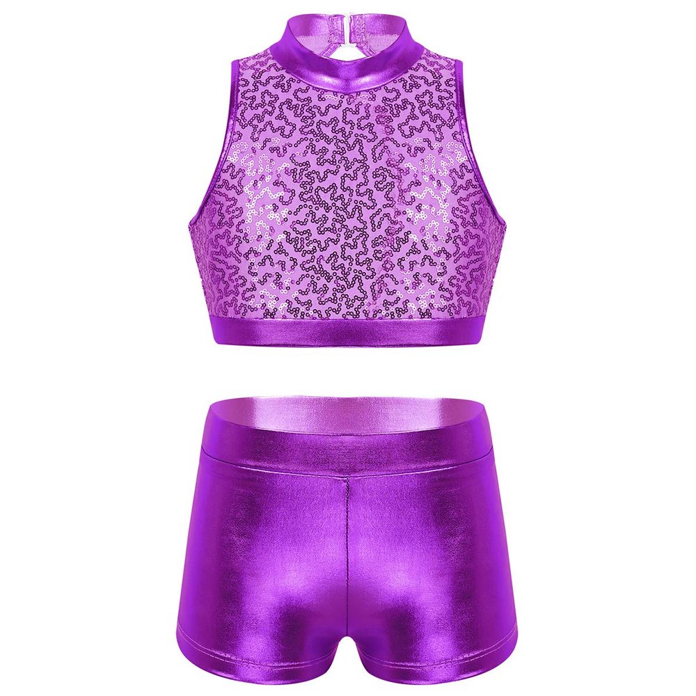 Agoky Kids Girls' Top and Booty Shorts Ballet Dance Gymnastics Sports Leotard or Swimwear Swimming Costumes Purple Crop Top 13-14