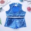 Agoky Kids Girls' Top and Booty Shorts Ballet Dance Gymnastics Sports Leotard or Swimwear Swimming Costumes Blue Crop Top 11-12 view 4
