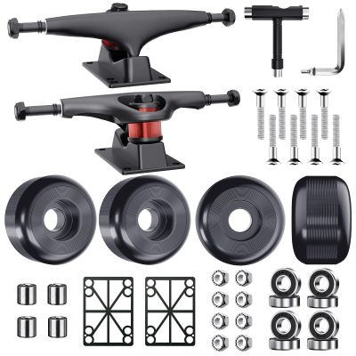 Jizmo Skateboard Trucks, Fits 7.75-8" Deck, Wheels 52mm, Bearings ABEC-9, Skateboard Pads, Hardware Tool Combo Starter Set - Black
