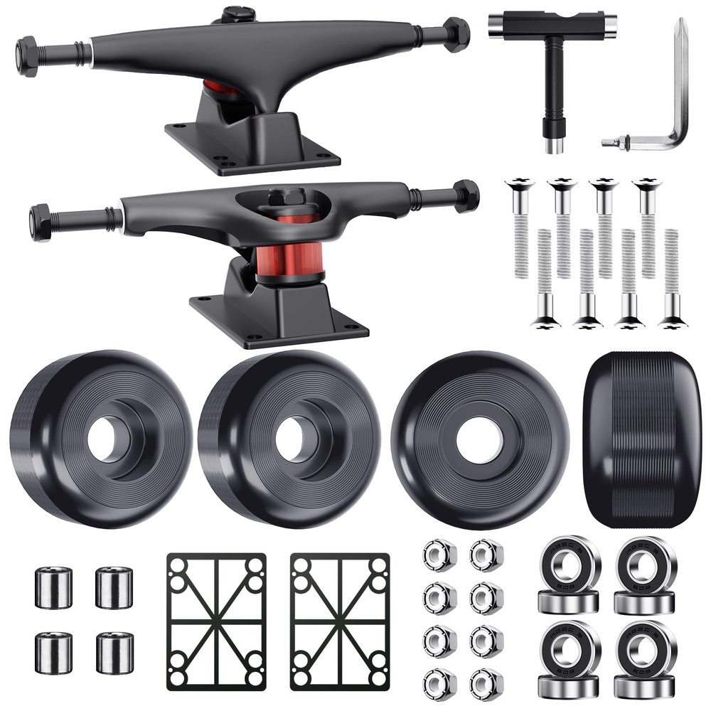 Jizmo Skateboard Trucks, Fits 7.75-8" Deck, Wheels 52mm, Bearings ABEC-9, Skateboard Pads, Hardware Tool Combo Starter Set - Black
