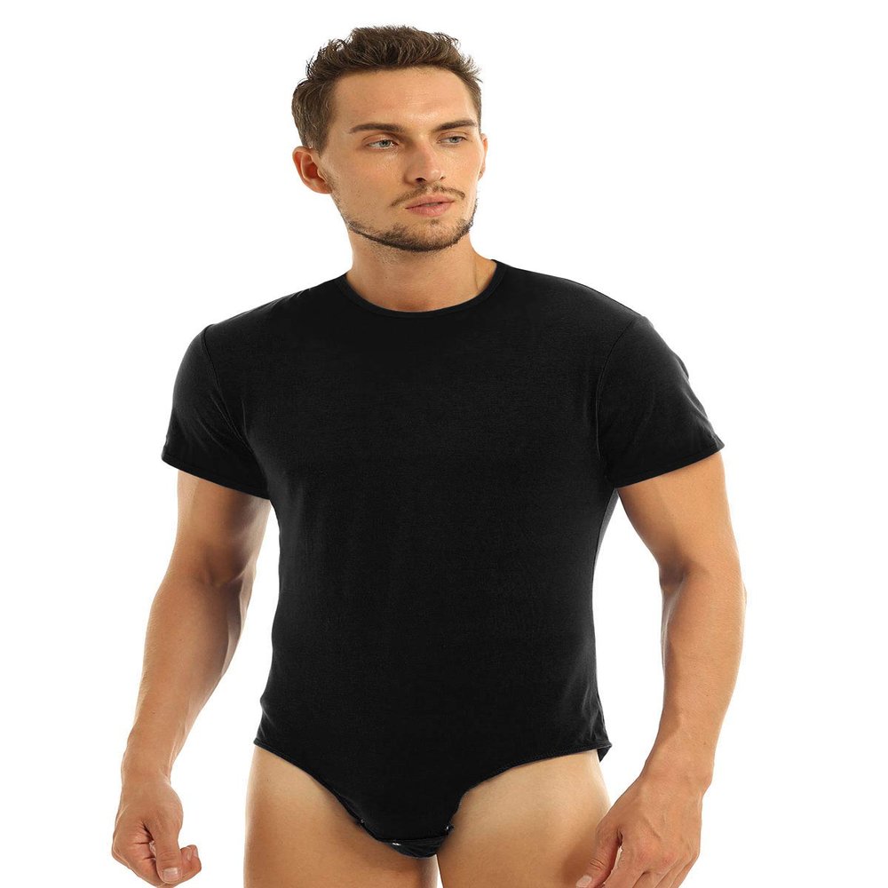Kaerm Men Adults One Piece Round Neck Leotard Short Sleeves Press Crotch T-shirt Bodysuit Romper Pajamas Black XX-Large