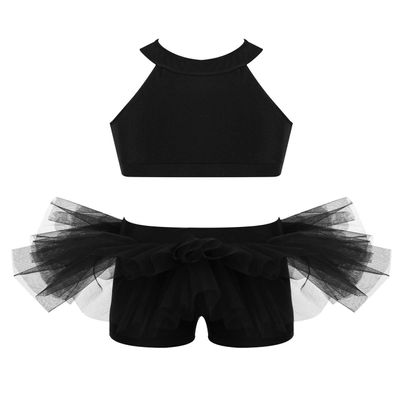 Agoky Kids Girls Crop Top with Shorts Dance Sports Outfit for Gymnastics Leotard Dancewear Jazz Modern Stage Performance Black 13-14
