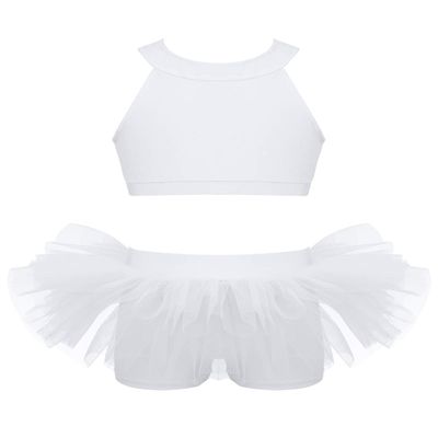 Agoky Kids Girls Crop Top with Shorts Dance Sports Outfit for Gymnastics Leotard Dancewear Jazz Modern Stage Performance White 13-14