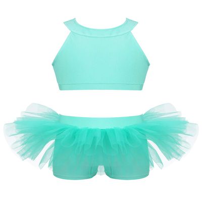 Agoky Kids Girls Crop Top with Shorts Dance Sports Outfit for Gymnastics Leotard Dancewear Jazz Modern Stage Performance Mint_Green 13-14