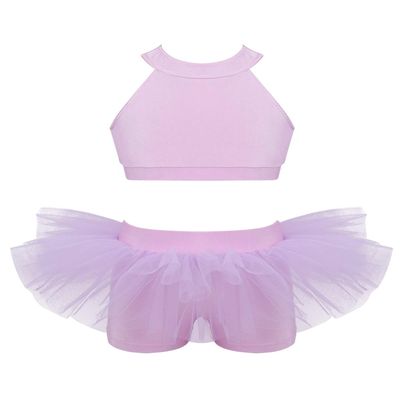 Agoky Kids Girls Crop Top with Shorts Dance Sports Outfit for Gymnastics Leotard Dancewear Jazz Modern Stage Performance Lavender 13-14