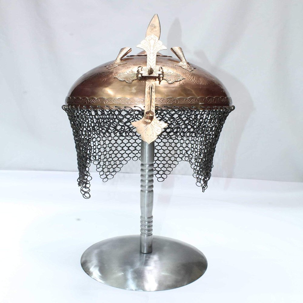 Rajasthan Gems Rajput Soldier Steel Engraved Copper Color Helmet Armour with Stand Decorative