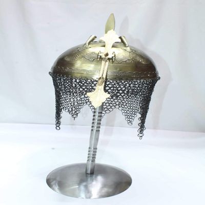 Rajasthan Gems Rajput Soldier Steel Engraved Yellow Color Helmet Armour with Stand Decorative