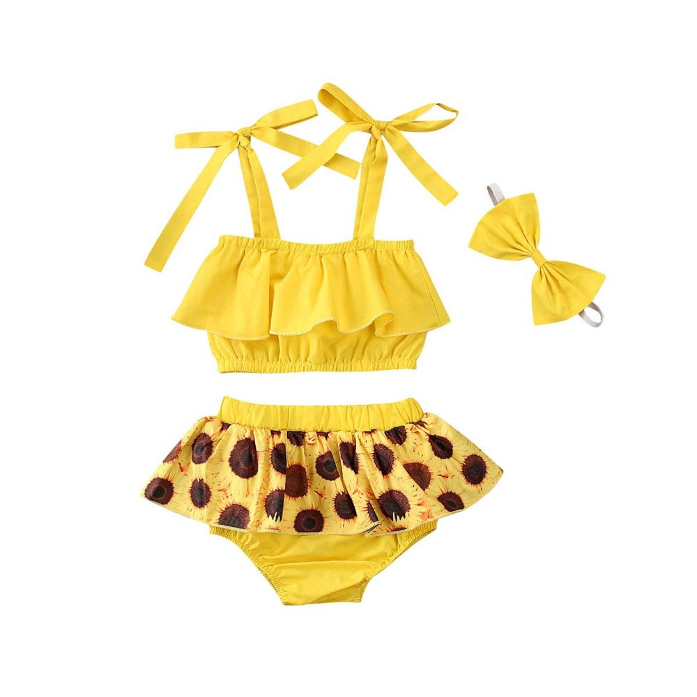 Newborn Infant Baby Girl Sunflower Print Clothes Strap Crop Tops Tutu Skirt Shorts Headband 3Pcs Summer Outfit Set (Yellow,18-24 Months)