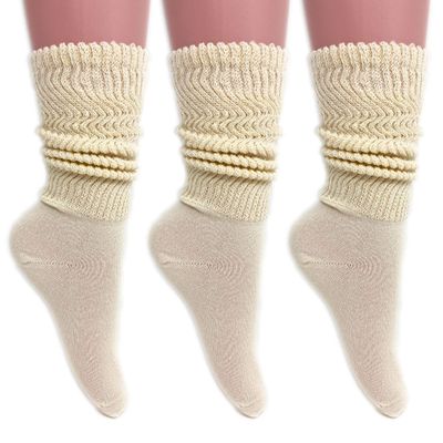 AWS/American Made Cotton Lightweight Slouch Socks for Women Extra Thin Socks Size 9 to 11 (Ecru - 3 Pairs)