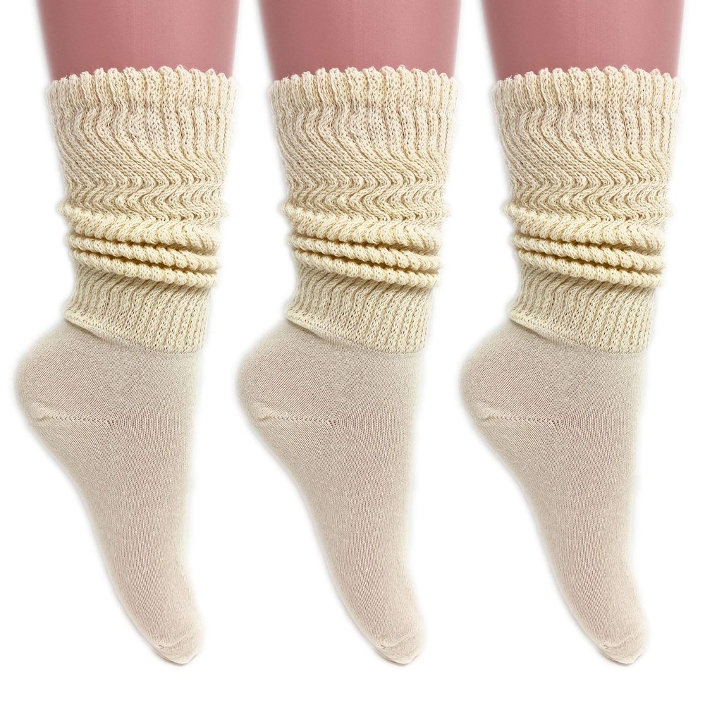 AWS/American Made Cotton Lightweight Slouch Socks for Women Extra Thin Socks Size 9 to 11 (Ecru - 3 Pairs)