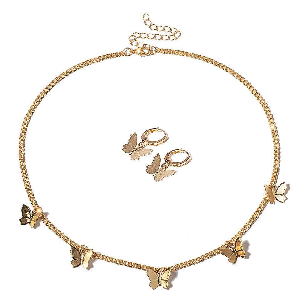 Bonayabo Butterfly Choker Necklace Fairy Insect Necklace Drop Dangle Earrings Jewelry Set Gift for Women Gold