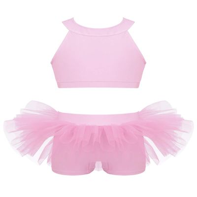 Agoky Kids Girls Crop Top with Shorts Dance Sports Outfit for Gymnastics Leotard Dancewear Jazz Modern Stage Performance Pink 13-14