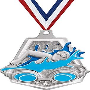 Crown Awards 2" Silver Swimming Medals, Shiny Captain Swim Award with Free Neck Ribbon 50 Pack